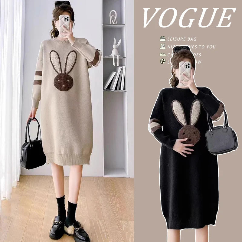 Winter Knitted Maternity Sweaters Dress Cartoon Rabbit Loose Straight Clothes for Pregnant Women Warm Pregnancy