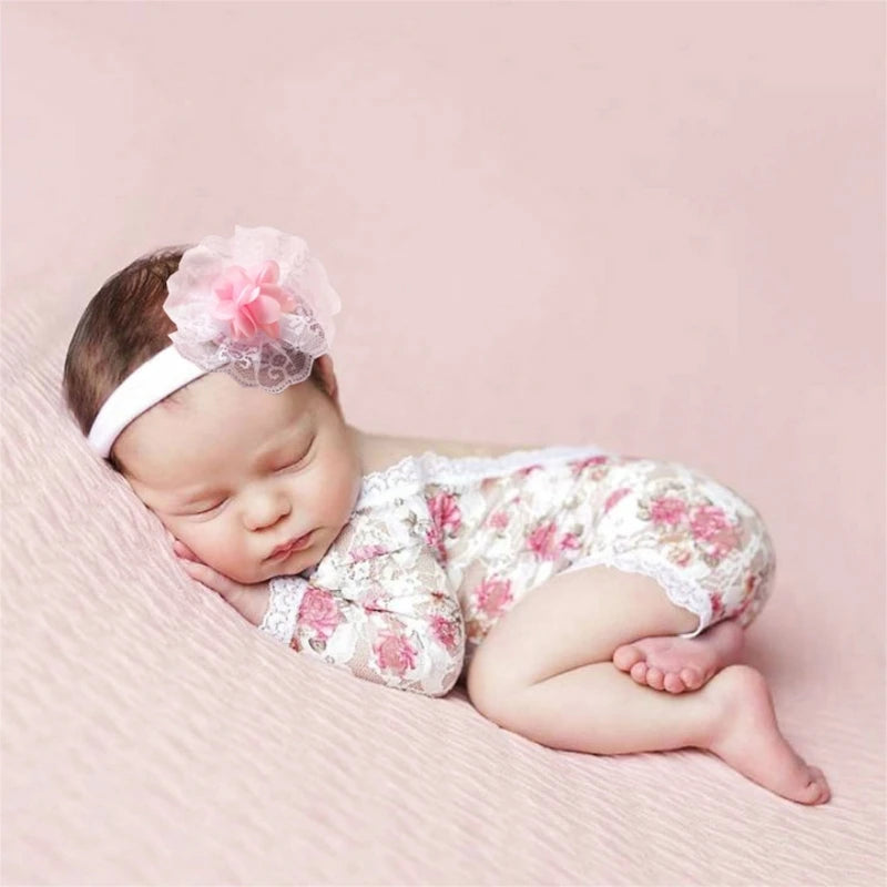 Newborn Photography Props Outfit Cute Lace Princess Baby Girls Dress+Flower Headband Set Newborn Girls Photo Shooting Clothes