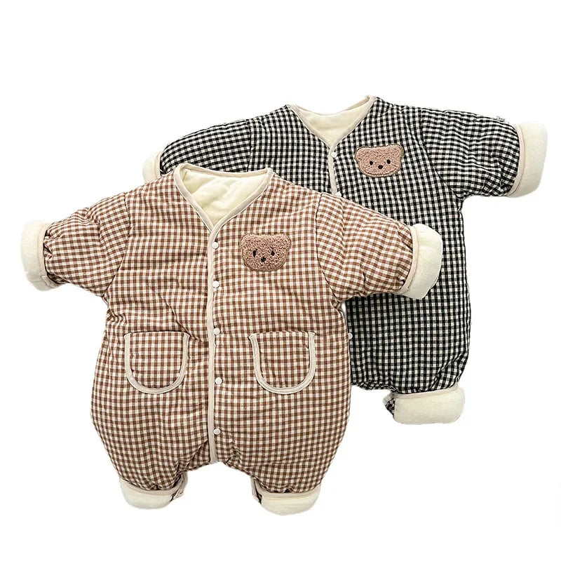 Winter Baby Girls Boys Rompers Infant Thicken Cotton Jumpsuit Korean Checkered Long Sleeve Bodysuits Newborn Baby Clothes ملابس