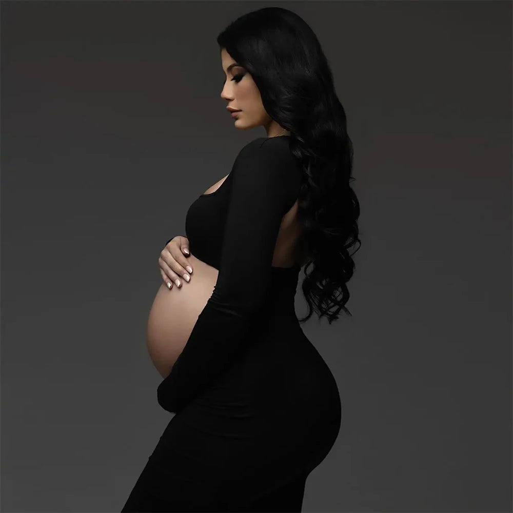 Maternity Dresses For Photo Shoot Black Long Sleeve Backless