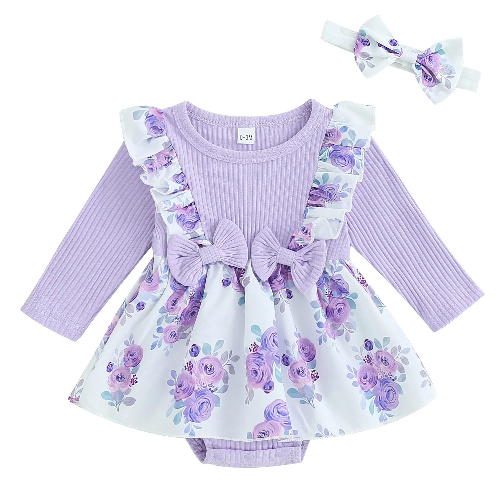 BeQeuewll Infant Girl Rompers Dress Rib Knit Floral Print Skirt Hem Jumpsuits Newborn Clothes Baby Bodysuits with Headband