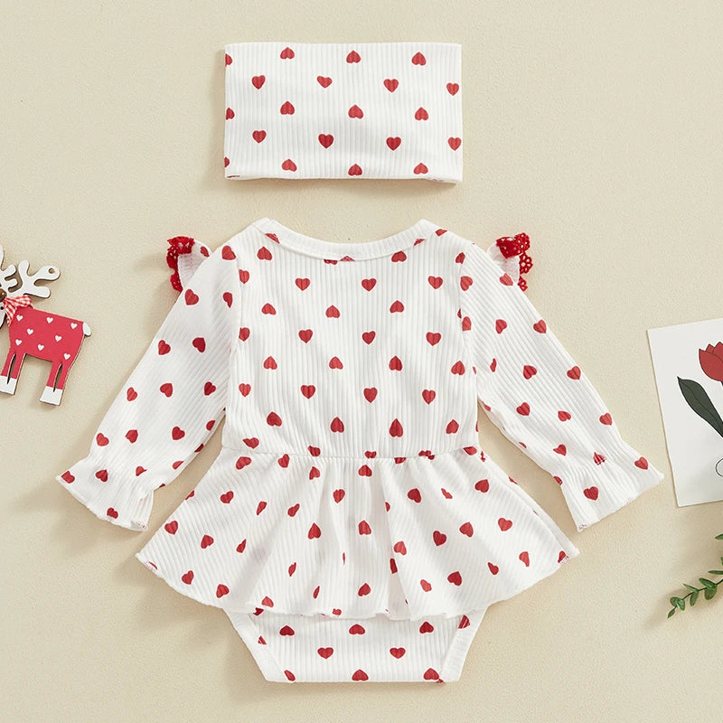 Newborn Baby Girl Heart Print with Headband Clothes
