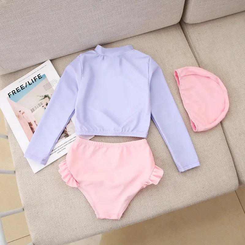 Children Clothes Girl Split Swimsuit Spring Summer Solid Long Sleeve Top Shorts Suit for Babies Fashion Kids Girls Swimwear