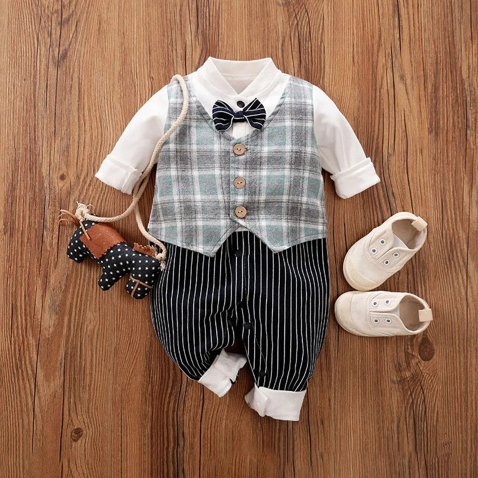 Newborn Formal Suit Baby Boy Clothes Bow Tie Tuxedo Jumpsuit
