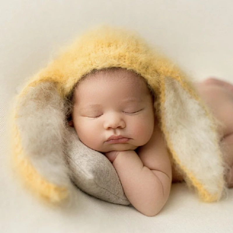 Cute Knitted Studio Photography Accessories for Newborn Full Moon 1 Year Old Big Ears Rabbit Hat,Photography Props Clothes Gift