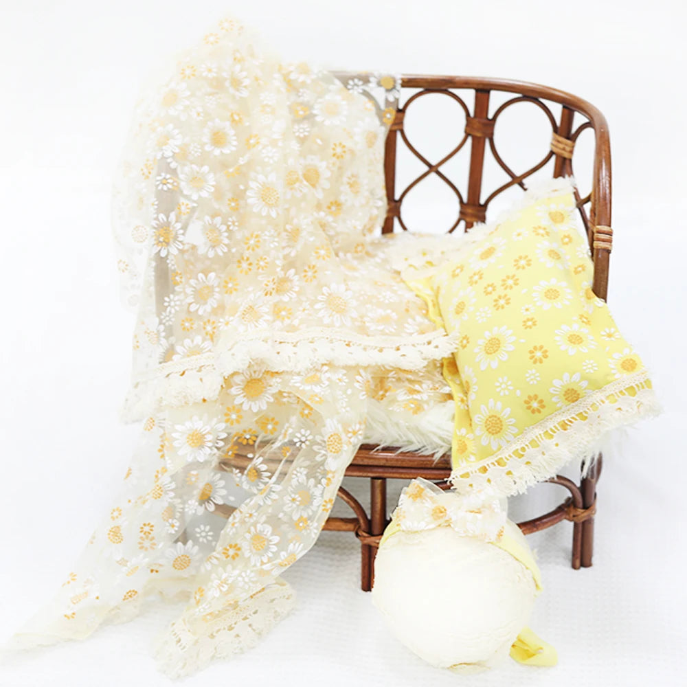 Newborn Photography Props Wrap+Pillow+Headband Daisy Flower Soft Transparent Tulle For Baby Photo Shoot  Background Accessories