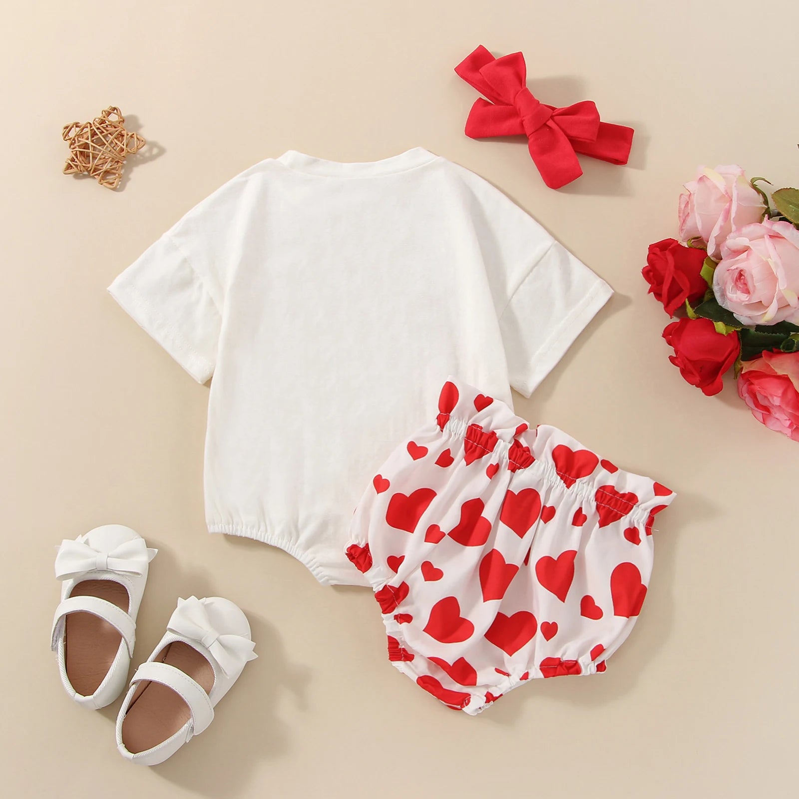 FOCUSNORM 3pcs Valentines Days Baby Girls Sweet Clothes Sets 0-18M Letter Short Sleeve Romper+Heart Print Shorts Hairband