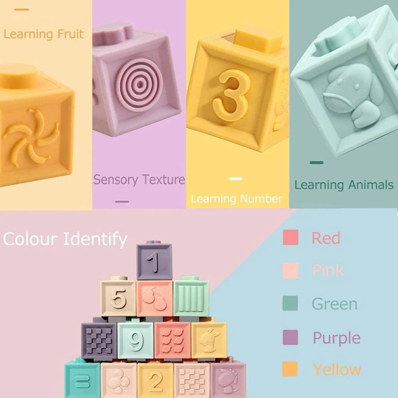 Baby Sensory Teether Toys Building Silicone Blocks Grasp Toy 3D Silicone Building Blocks Soft Ball Kid Rubber Bath Cube Baby Toy