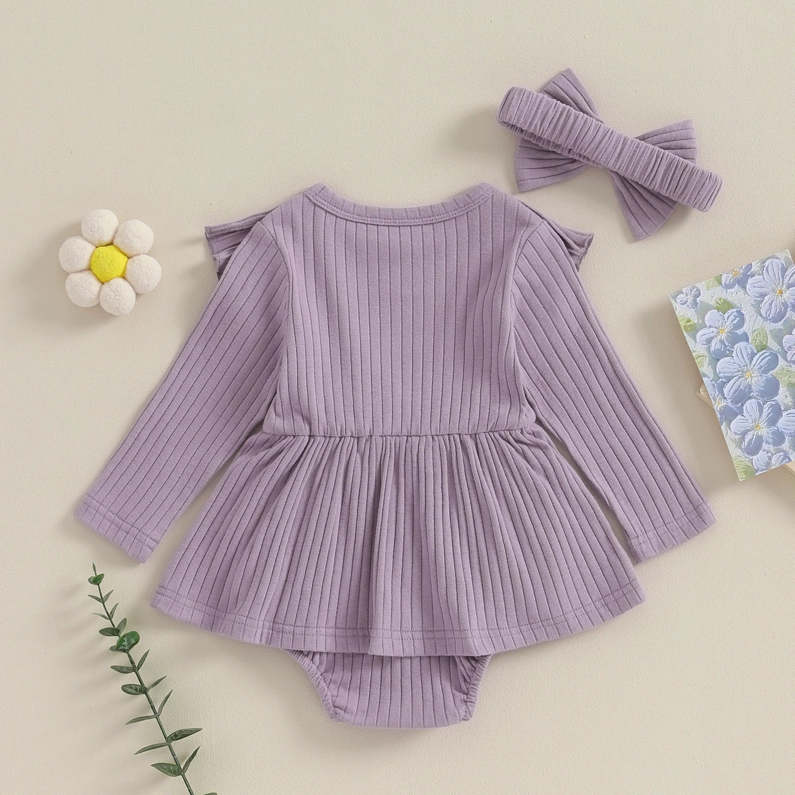 Toddler Baby Girl A-line Romper Dress with Headband Two Piece Long Fly Sleeve Bow Knitted Bodysuits Children Casual Clothes