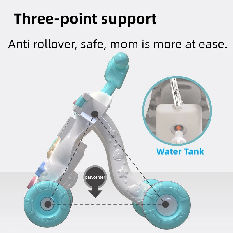 Baby First Steps Car Early Educational Music Adjustable Walker Kids Toddler Trolley Adjustable Speed Anti Roll Add Water Tank