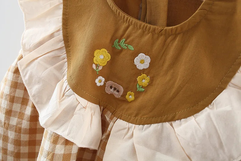 Newborn baby girls clothes Embroidered floral pleated plaid dress
