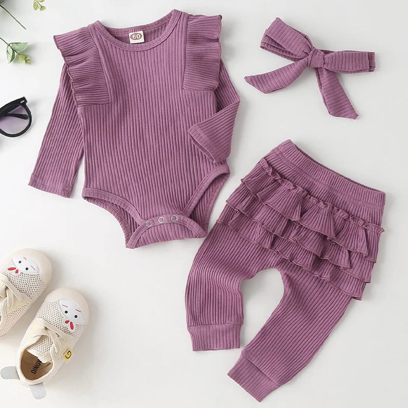 Infant Baby Ruffles Bodysuits + Pants + Headband 3Pcs