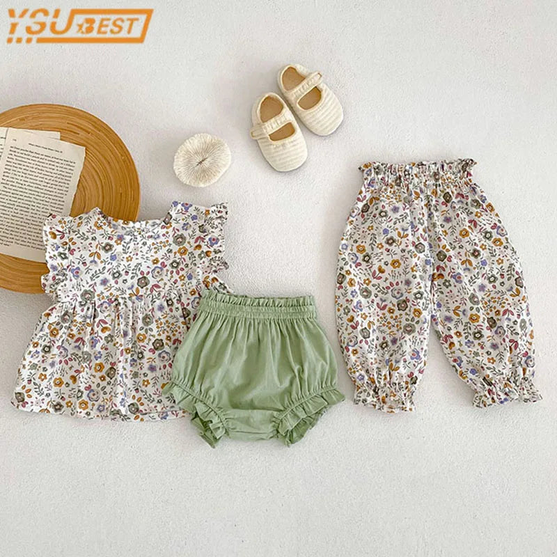 Toddler Baby Floral Suit Infant Short Sleeves Top+Bread Shorts 2pcs