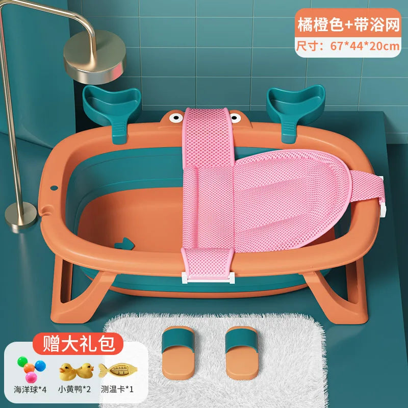 Cartoon Newborn Foldable Bathtub With Extended Anti Slip Design, Double Sided Storage Slot,Baby Bathroom Supplies Infant Bathtub