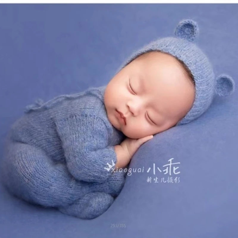 Newborn Photography Clothing Bear Hat+Jumpsuit 2Pcs/set Baby Photo Props Accessories Studio Newborn Infant Shoot Knit Clothes
