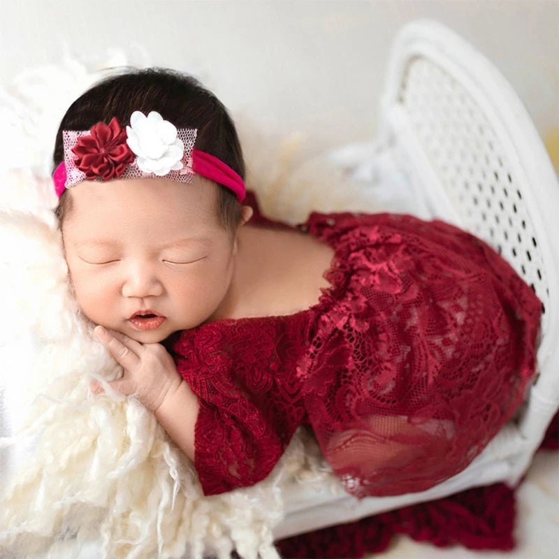 Newborn Photography Props Outfit Cute Lace Princess Baby Girls Dress+Flower Headband Set Newborn Girls Photo Shooting Clothes