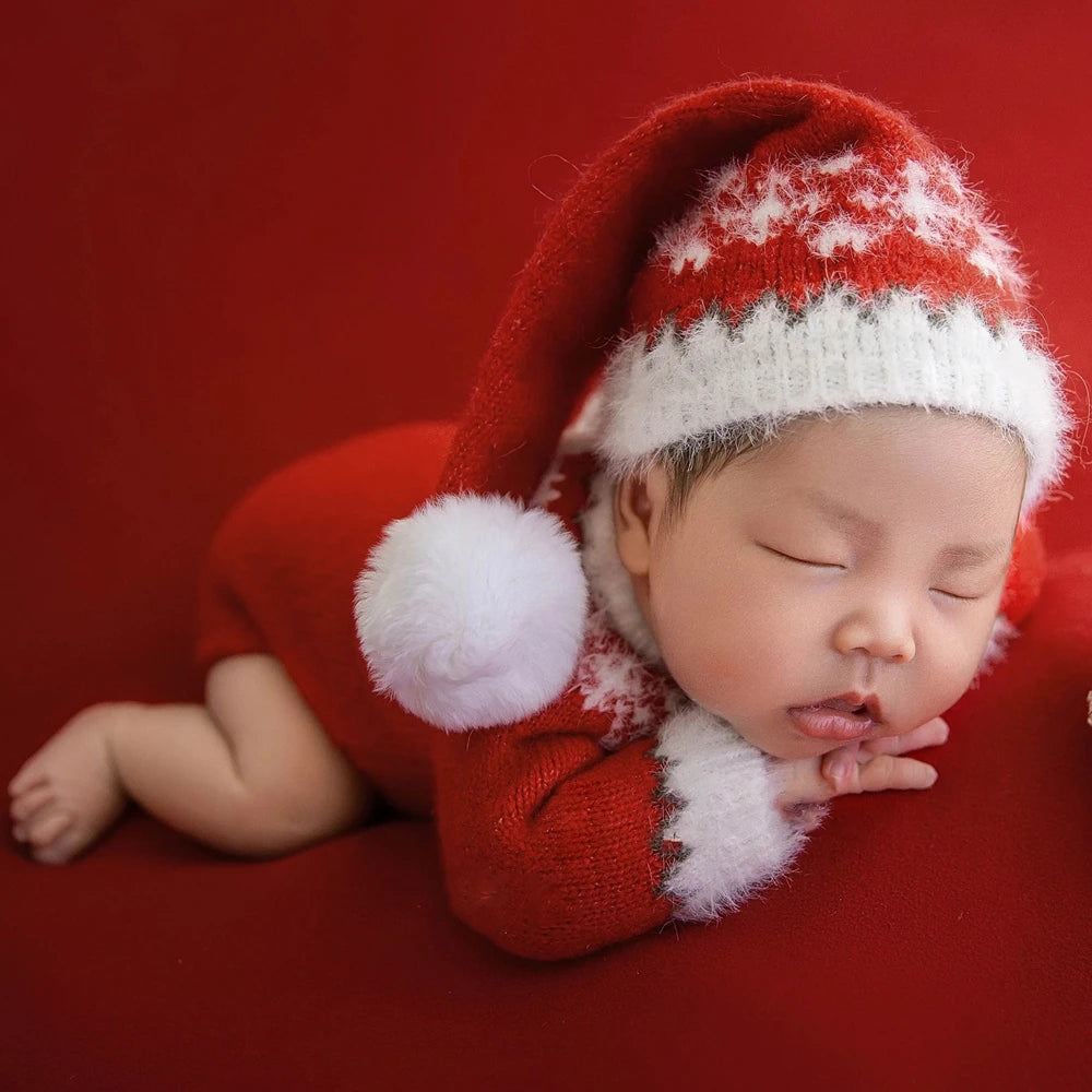 Red Baby Christmas Outfit Newborn Photography Props Knitted Newborn Christmas Clothes Baby Girl Costume Photo Shoot Accessories