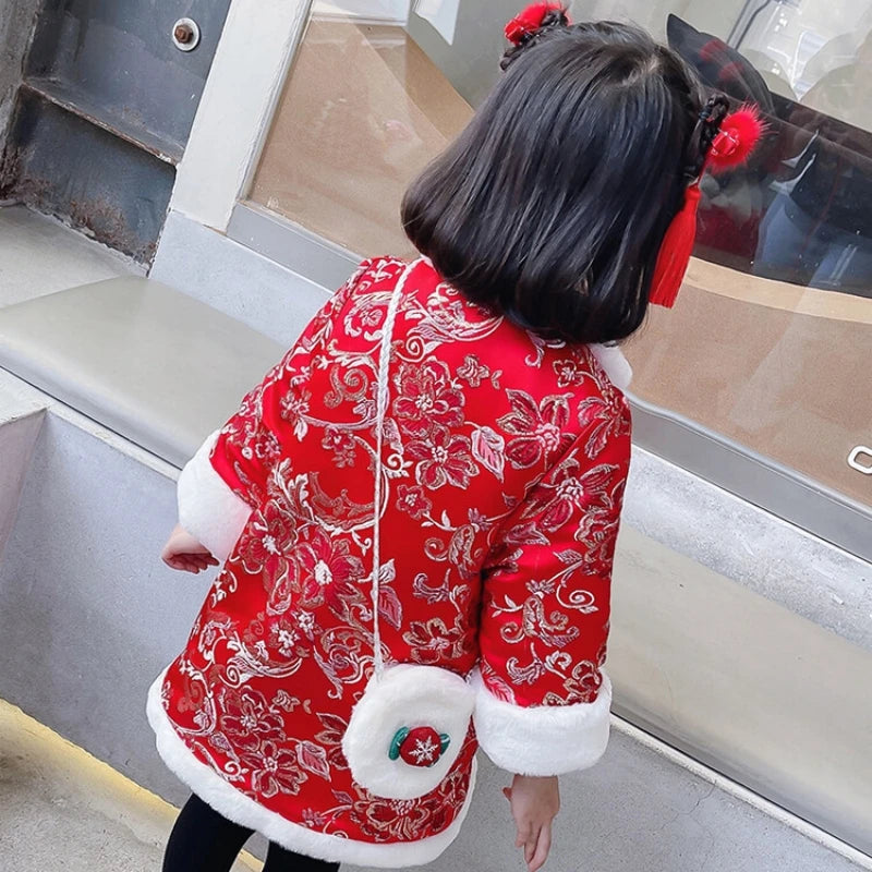 Girls Cheongsam 2023 Winter 2-10 Years New Year Embroidery Thickening Kids Baby Girl Traditional Chinese Style Ethnic Tang Dress