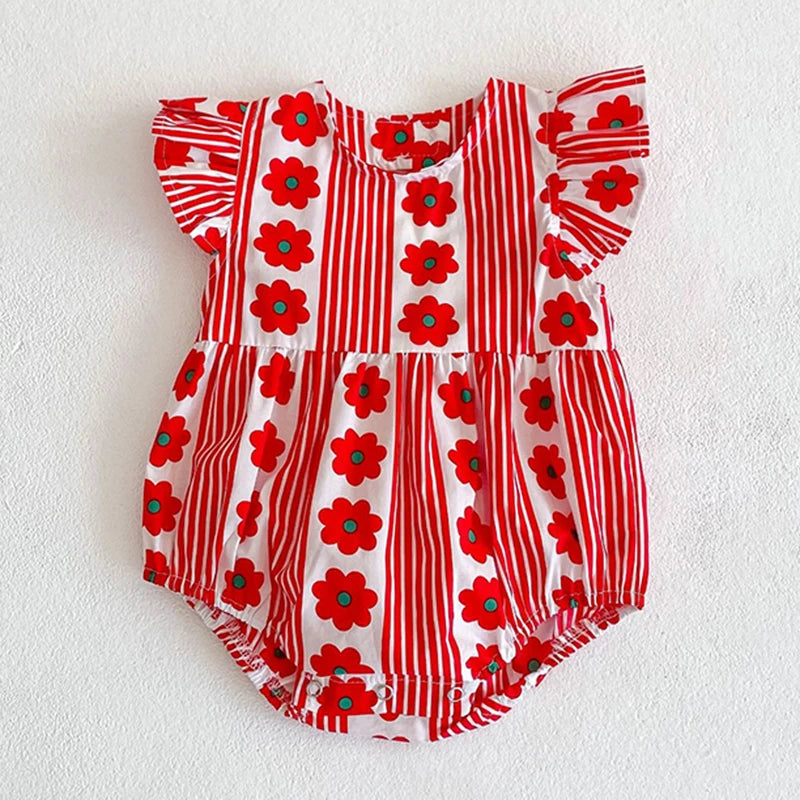 Korean Style Summer Girls Floral Jumpsuit+Hair Band 2pcs