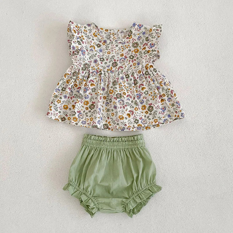 Toddler Baby Floral Suit Infant Short Sleeves Top+Bread Shorts 2pcs