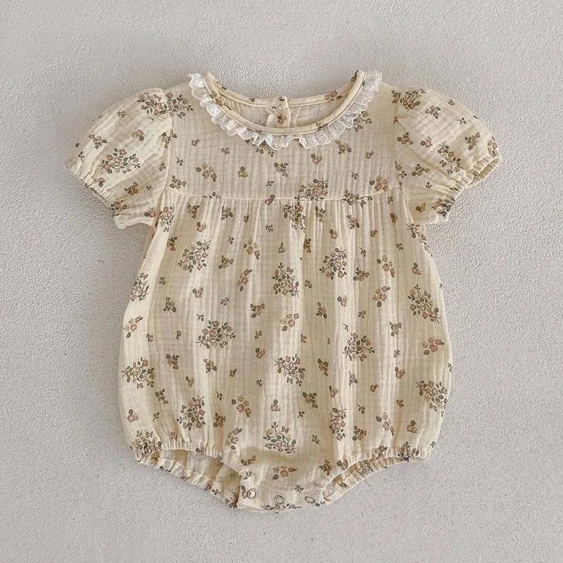 Korean Style Summer Girls Floral Jumpsuit+Hair Band 2pcs