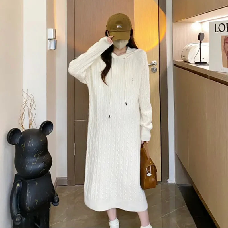 Maternity Autumn Winter Knit Dresses Clothes For Pregnant Women 2023 New Casual Hooded Loose Solid Pregnancy Long Sweater