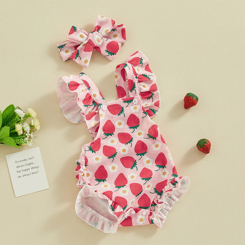 Baby Girls Bodysuit and Headband Strawberry/Flower/Cherry Print