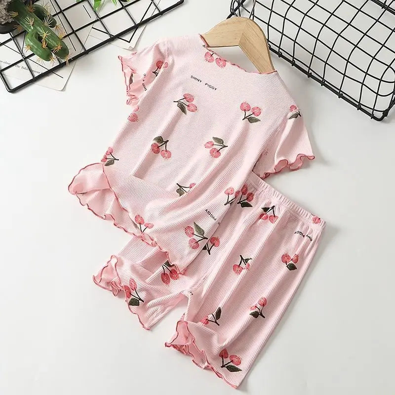 Korean Kids Summer New Pajamas Set Cute Cherry T-shirt Baby Girl Clothes Short Sleeves Tops Shorts 2PCS Toddler Home Loungewear