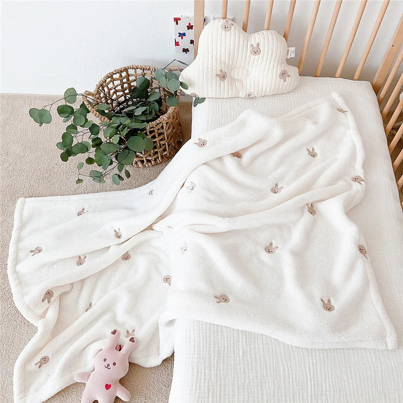 Baby Embroidered Double-sided Thinkened Flannel Warm Blanket