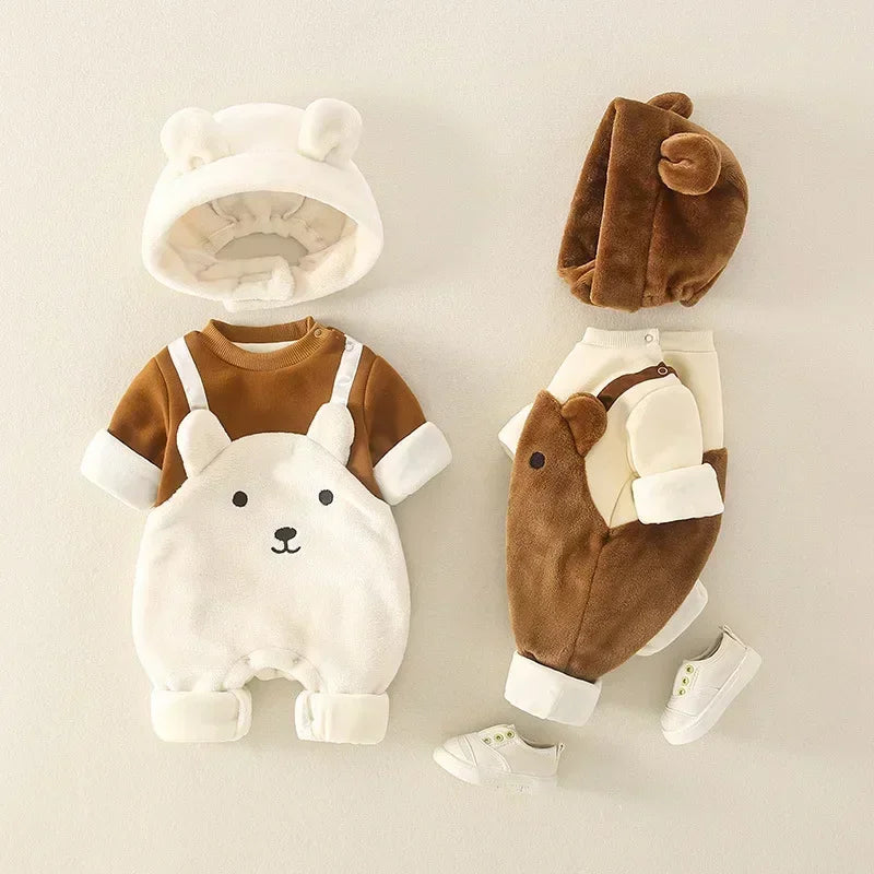 Winter Newborn Baby Cute Bear Warm Strap jumpsuits sets