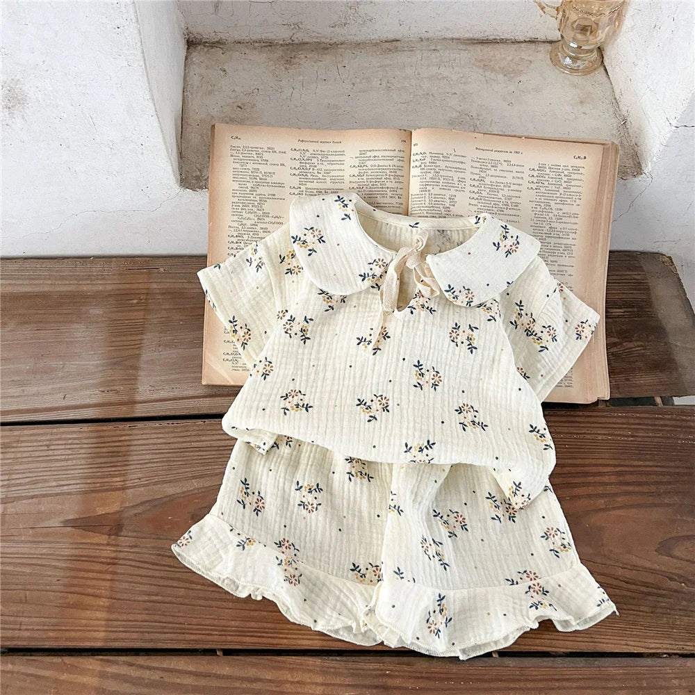 Baby Girls Organic Cotton Floral Shirt Top + Bread Pants Summer