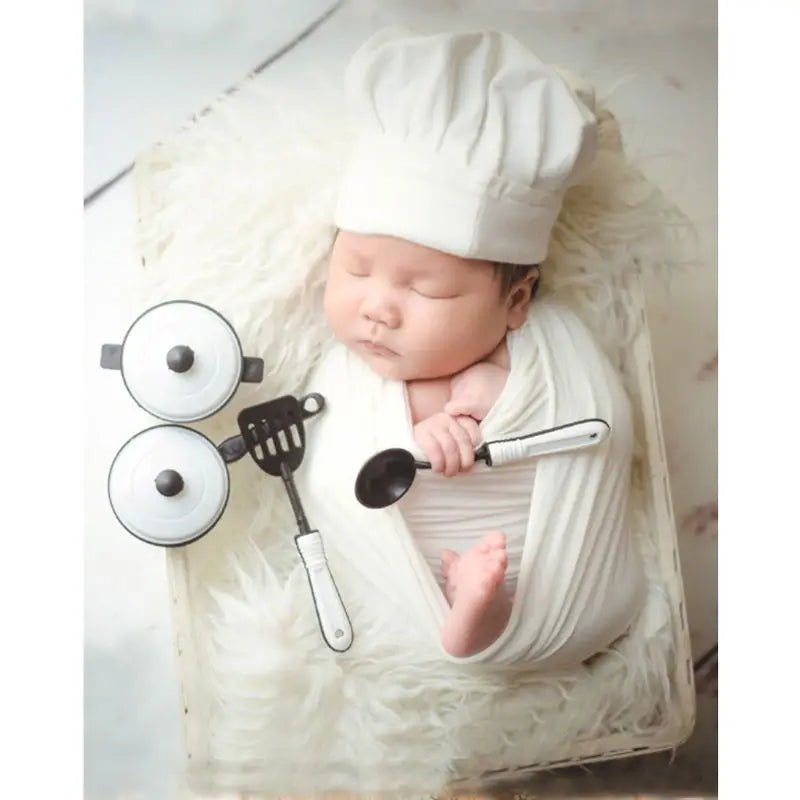 Cute Baby Chef Apron and Hat Infant Kids White Cook Photos Costume Photography Clothing For Baby Photography Props