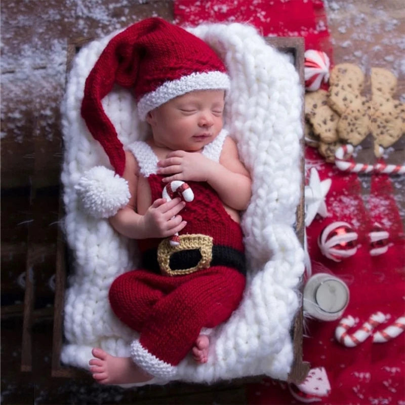 Newborn Photography Props Infants Photo Shooting Costume Christmas Outfits Baby Infants Stripe Crochet Hat+Shorts Set