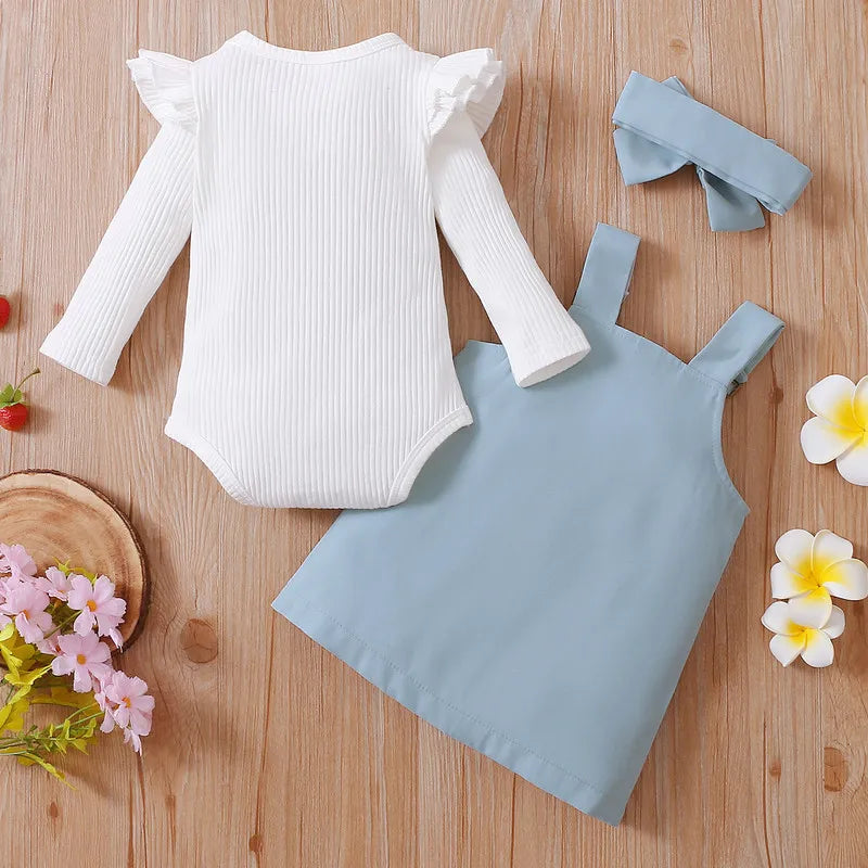 Newborn Baby Girl Front Pocket Suspender Skirt Headwear Set 0 to 18 Months