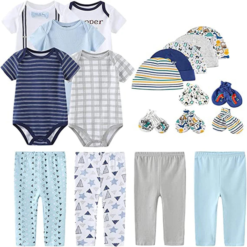 Baby Bodysuits+Pants+Hats+Bibs Cotton Sets