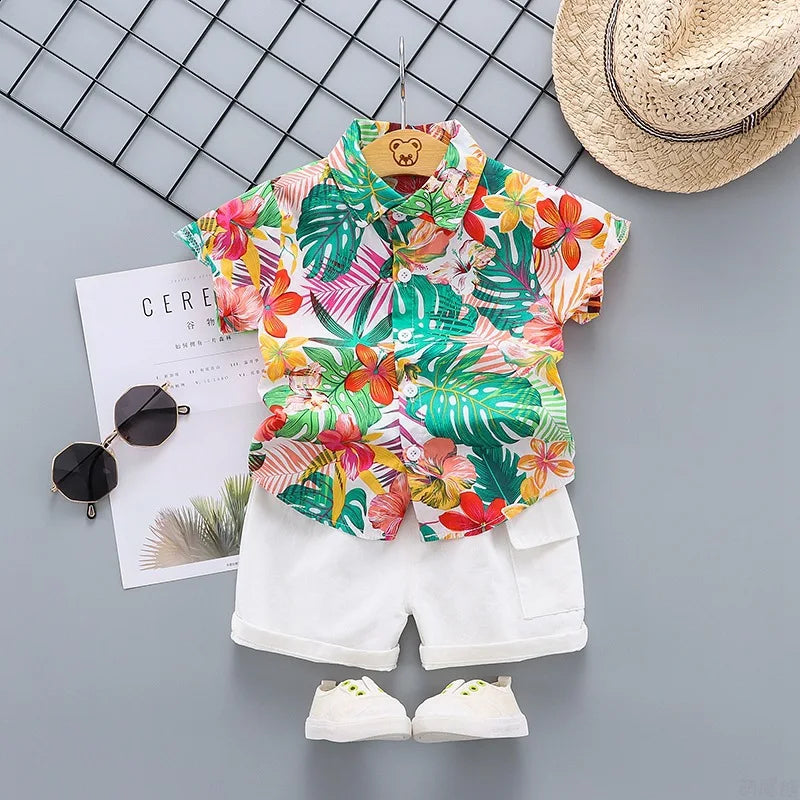 Summer Cotton Floral Shirt + Shorts Suits 2pcs Baby Hawaiian Outfit